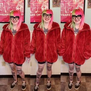 Vintage Cherry Red Faux Fur Full Zip Coat - Mob Wife Eclectic Colorful